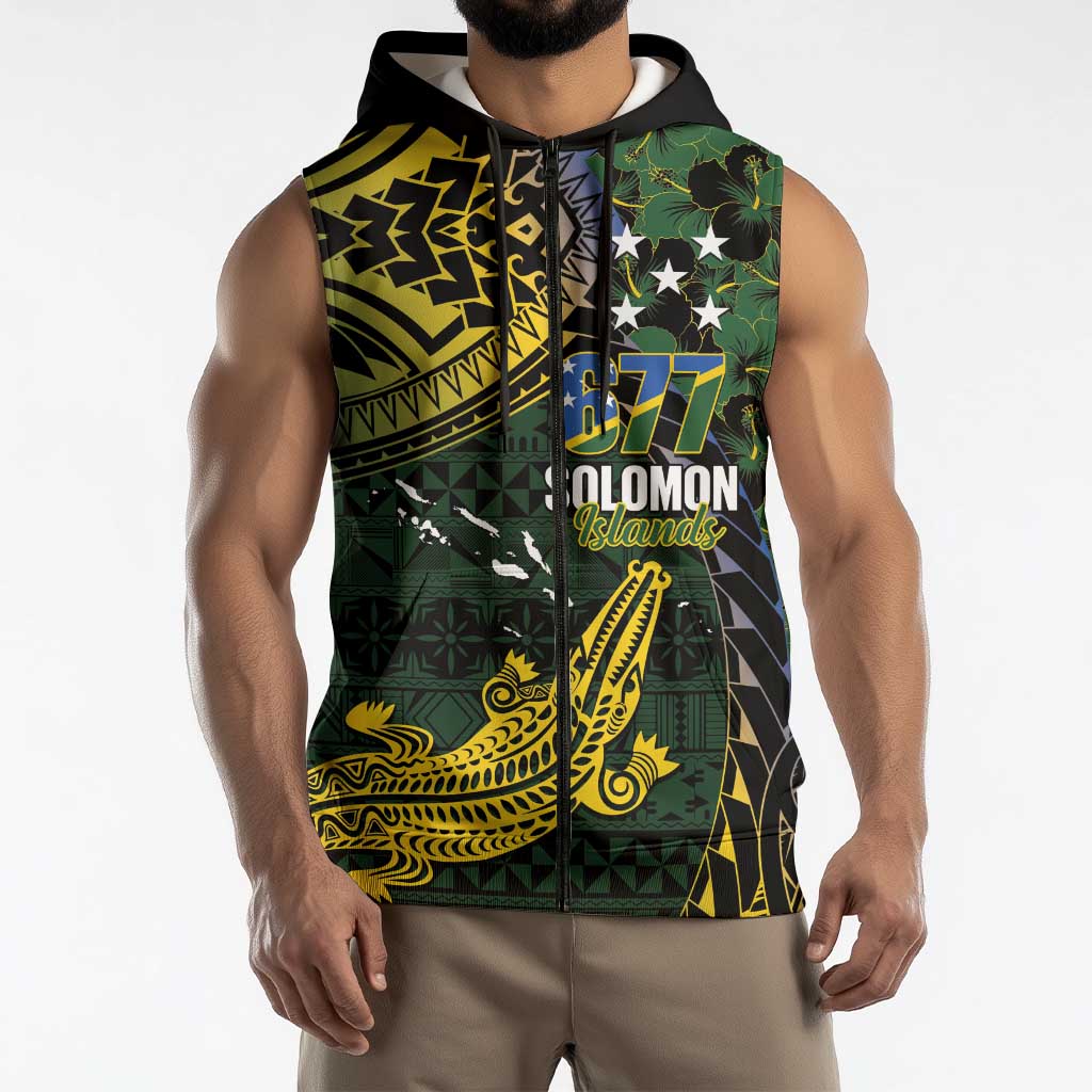 Solomon Islands Sleeveless Zip Hoodie 677 Proud Crocodile Melanesian Pattern - Polynesian Pride