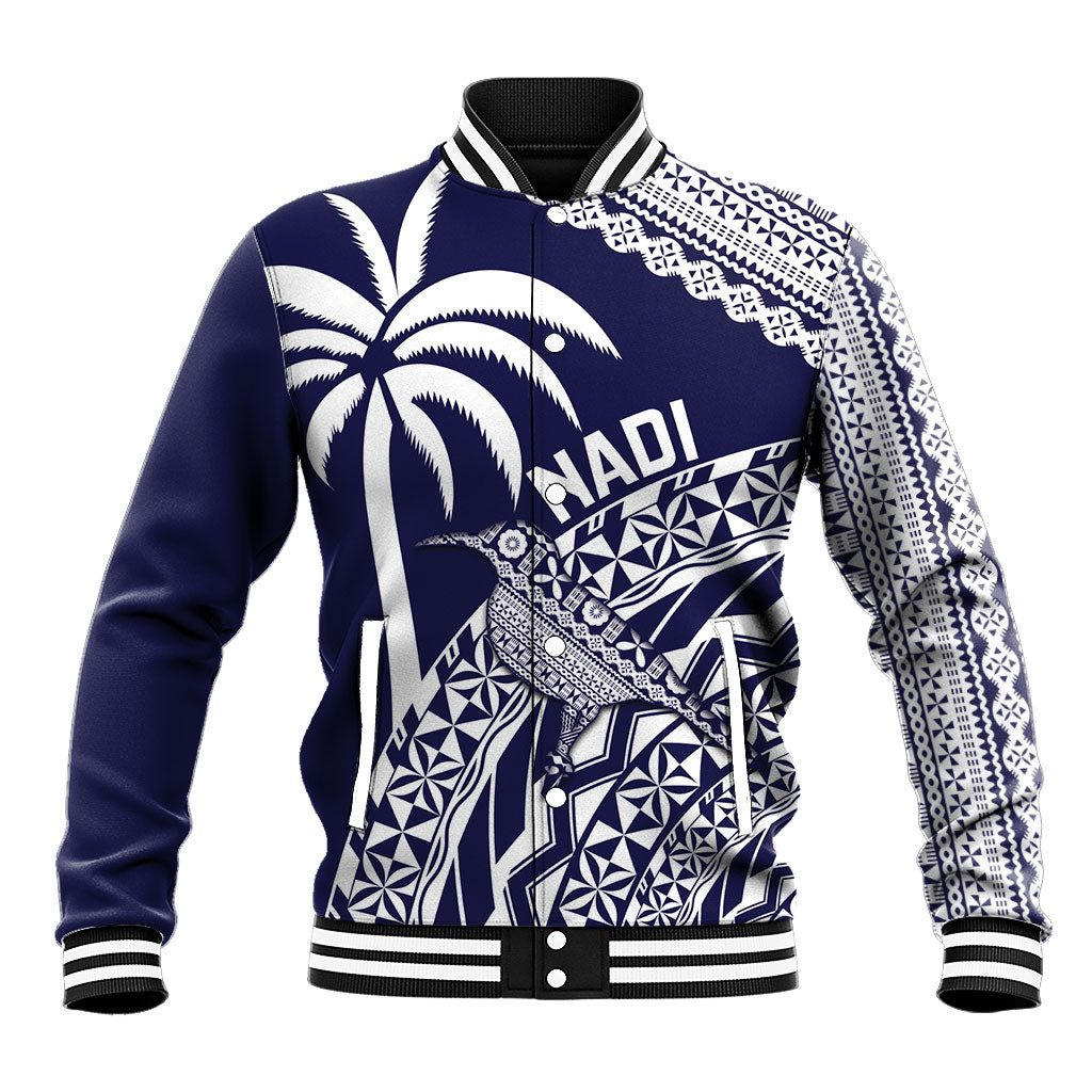 Nadi Fiji 2026 Rugby Custom Baseball Jacket Kikau Fijian Tapa Pattern LT14 Unisex Navy Blue - Polynesian Pride