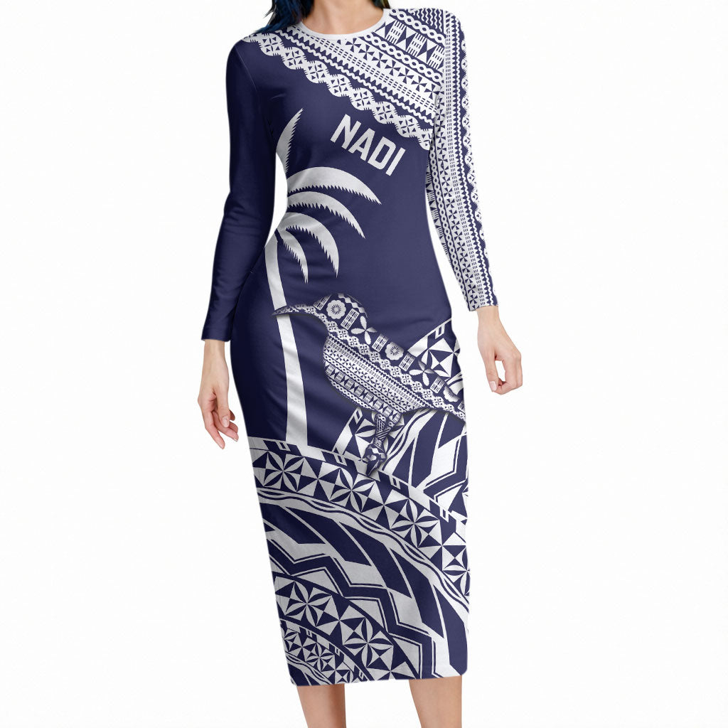 Nadi Fiji 2026 Rugby Custom Long Sleeve Bodycon Dress Kikau Fijian Tapa Pattern LT14 Long Dress Navy Blue - Polynesian Pride