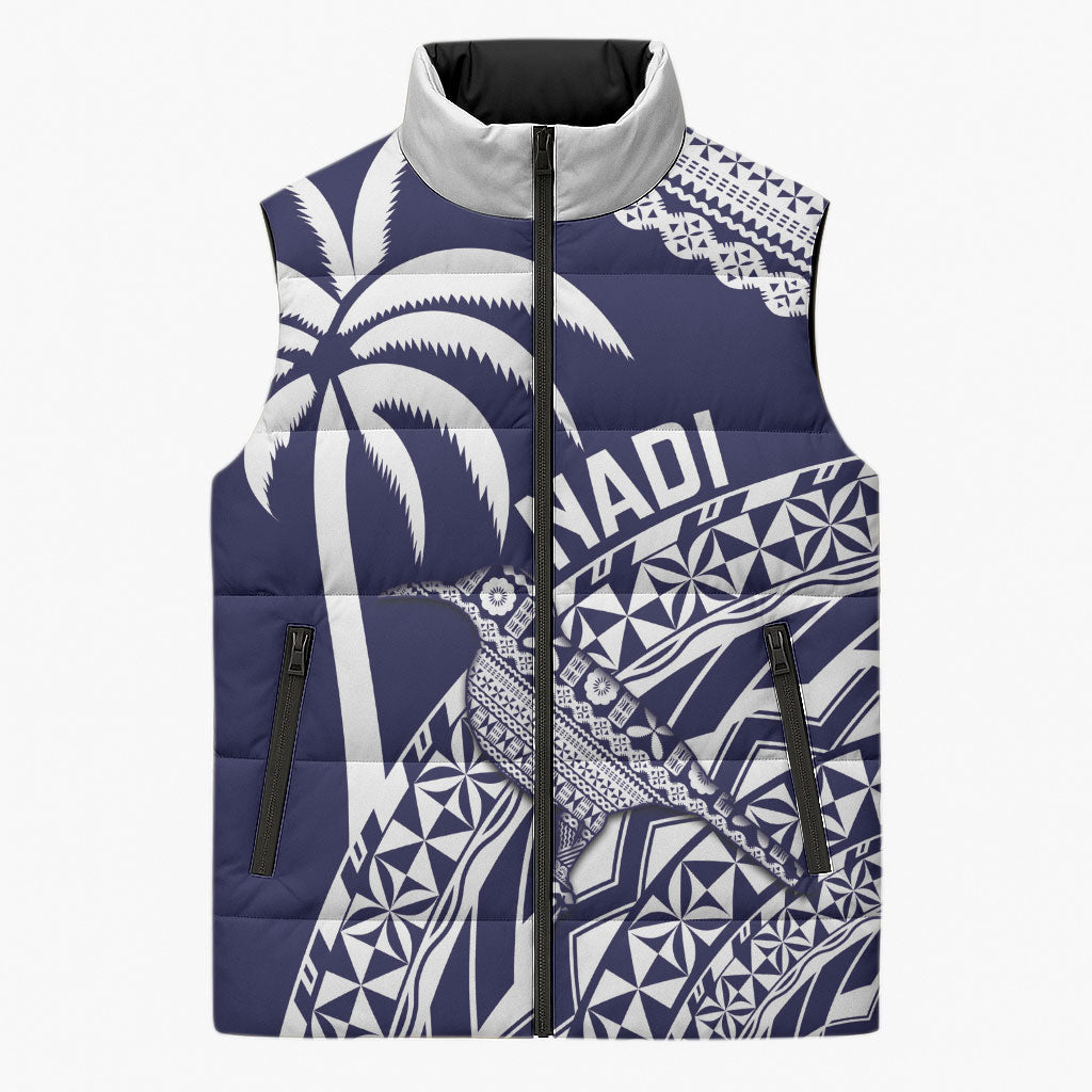Nadi Fiji 2026 Rugby Custom Sleeveless Puffer Jacket Kikau Fijian Tapa Pattern LT14 Unisex Navy Blue - Polynesian Pride