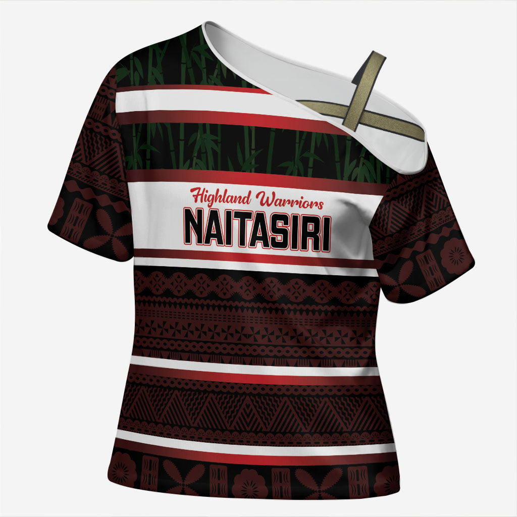 Naitasiri Fiji 2026 Rugby Custom Cross Shoulder Shirt Highland Warriors Fijian Tapa Pattern LT14 Female Black - Polynesian Pride