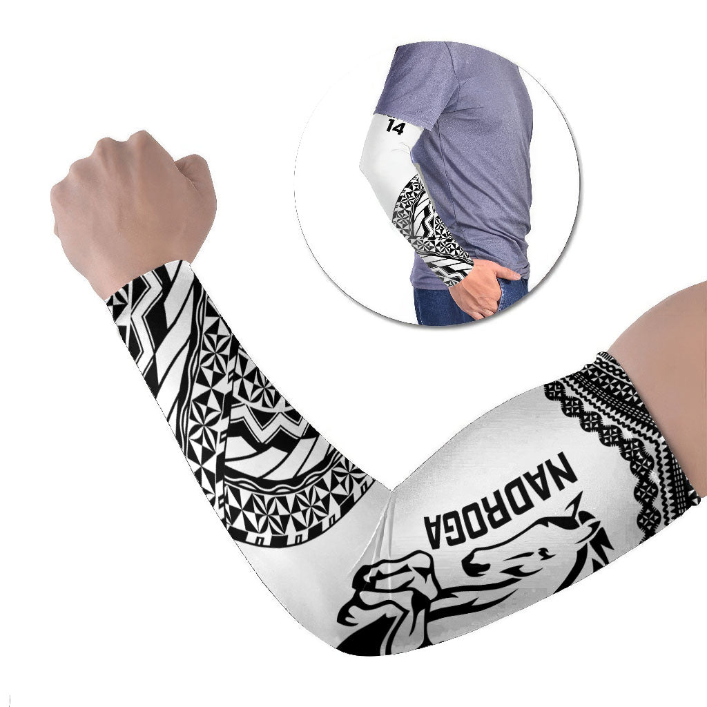 Nadroga Fiji 2026 Rugby Custom Arm Sleeves Stallion Fijian Tapa Pattern LT14 Set of 2 White - Polynesian Pride
