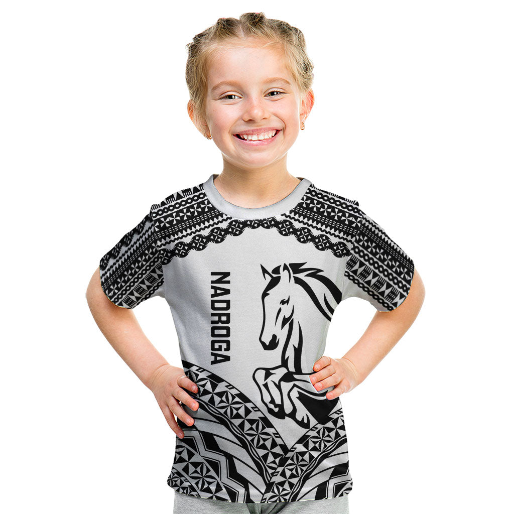 Nadroga Fiji 2026 Rugby Custom Kid T Shirt Stallion Fijian Tapa Pattern LT14 White - Polynesian Pride