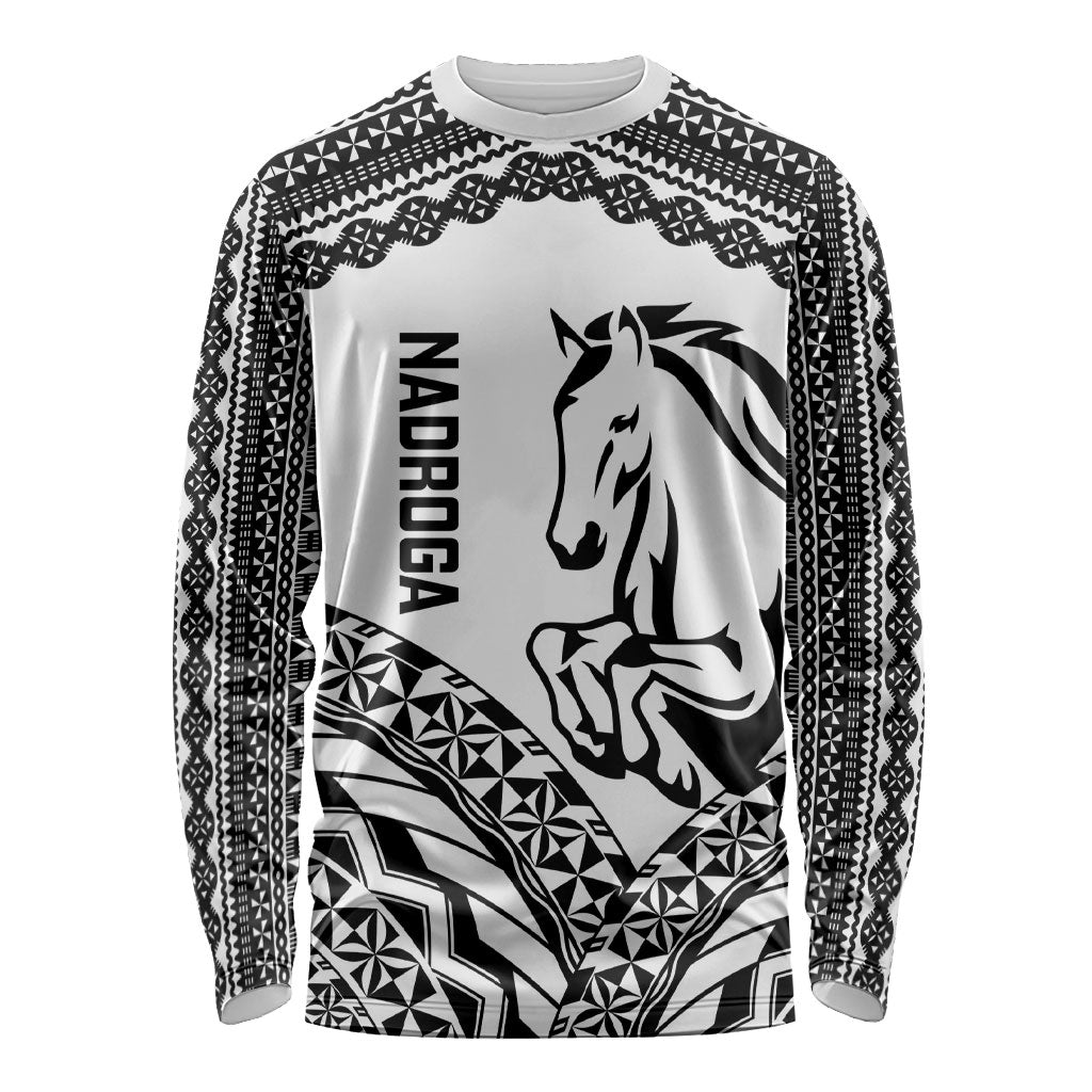 Nadroga Fiji 2026 Rugby Custom Long Sleeve Shirt Stallion Fijian Tapa Pattern LT14 Unisex White - Polynesian Pride