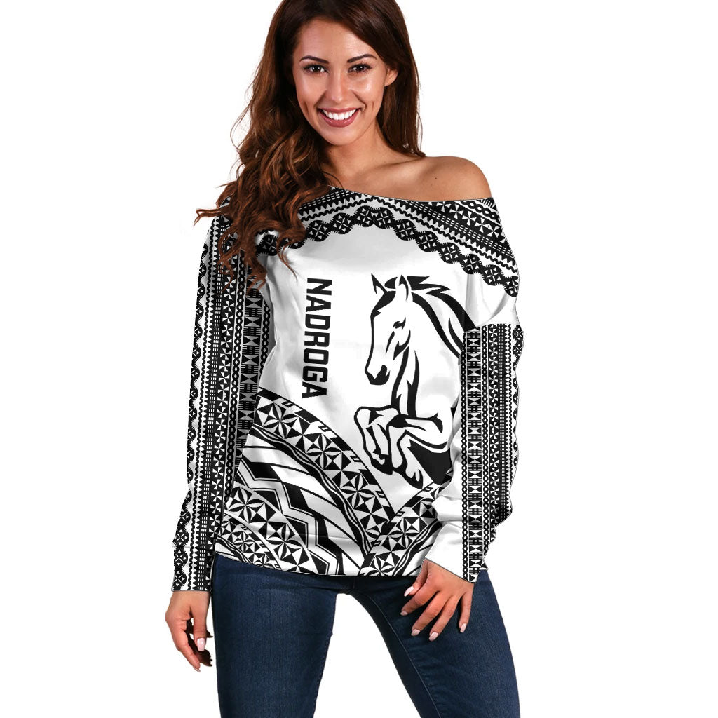 Nadroga Fiji 2026 Rugby Custom Off Shoulder Sweater Stallion Fijian Tapa Pattern LT14 Women White - Polynesian Pride