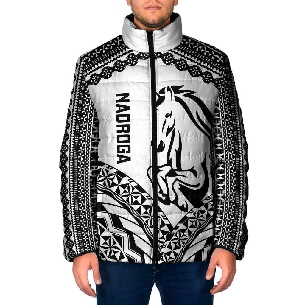 Nadroga Fiji 2026 Rugby Custom Padded Jacket Stallion Fijian Tapa Pattern LT14 Men White - Polynesian Pride