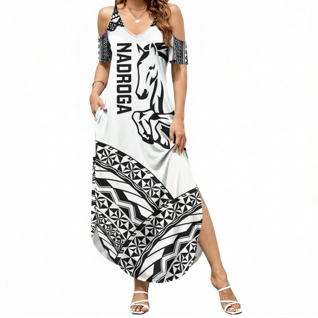 Nadroga Fiji 2026 Rugby Custom Summer Maxi Dress Stallion Fijian Tapa Pattern LT14 Women White - Polynesian Pride