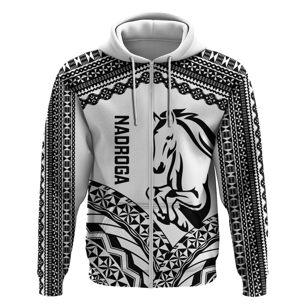 Nadroga Fiji 2026 Rugby Custom Zip Hoodie Stallion Fijian Tapa Pattern LT14 Zip Hoodie White - Polynesian Pride