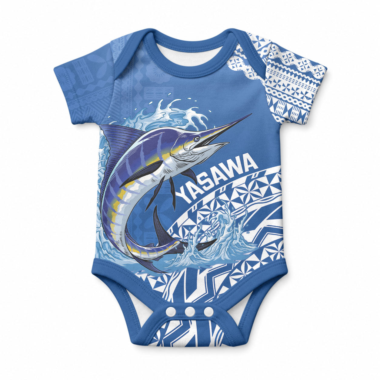 Yasawa Fiji 2026 Rugby Custom Baby Onesie Marlin Fijian Tapa Pattern LT14 Blue - Polynesian Pride