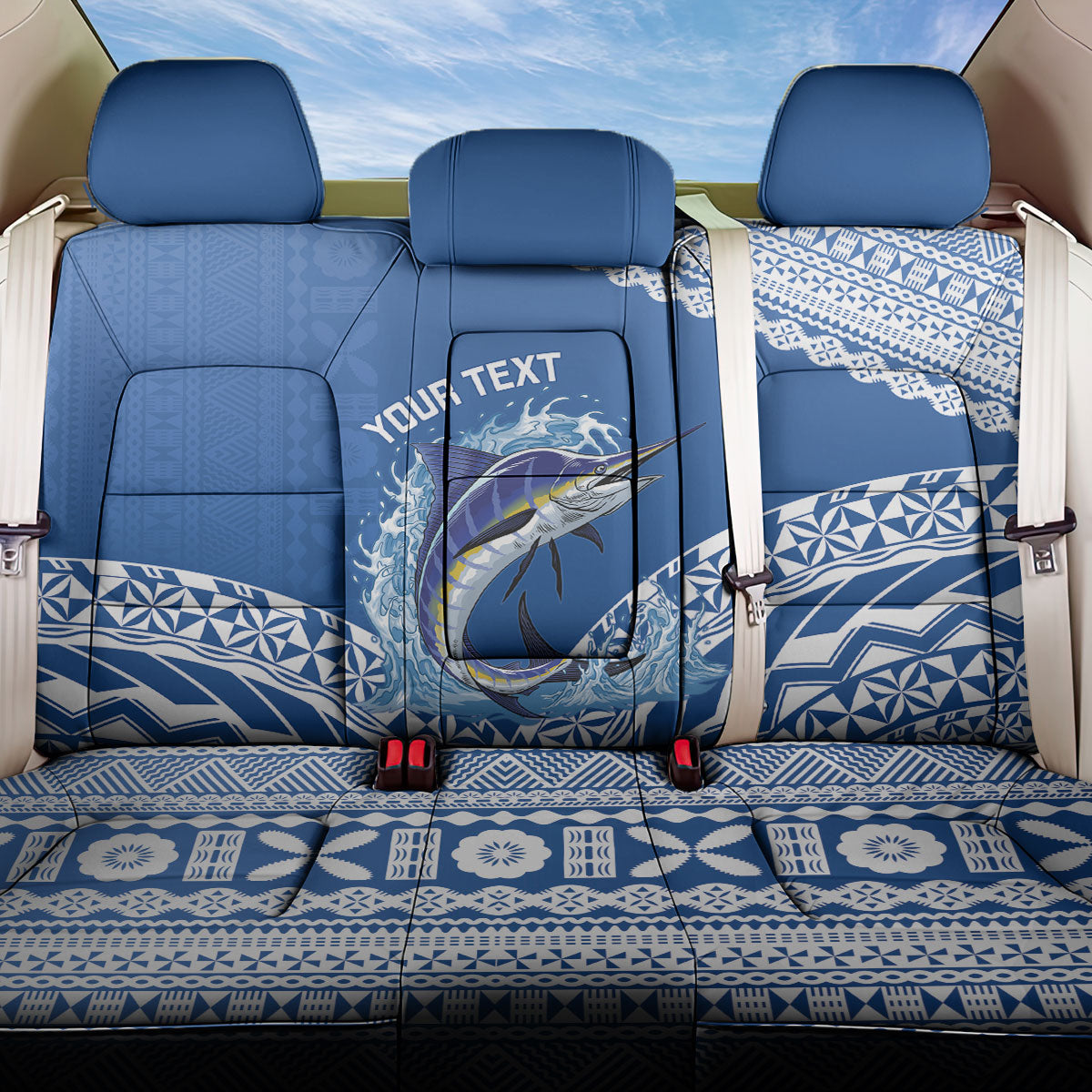 Yasawa Fiji 2026 Rugby Custom Back Car Seat Cover Marlin Fijian Tapa Pattern LT14 One Size Blue - Polynesian Pride