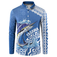 Yasawa Fiji 2026 Rugby Custom Button Sweatshirt Marlin Fijian Tapa Pattern LT14 Blue - Polynesian Pride