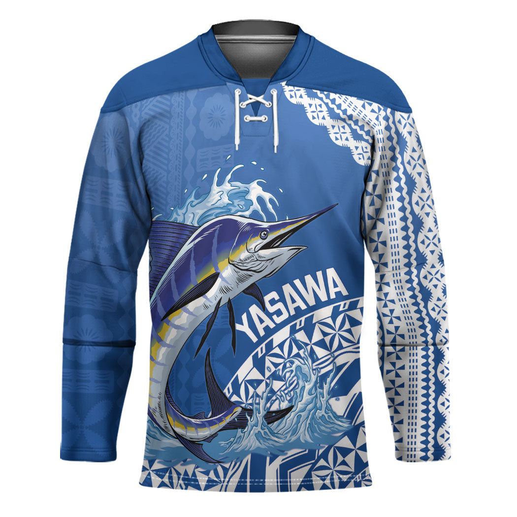 Yasawa Fiji 2026 Rugby Custom Hockey Jersey Marlin Fijian Tapa Pattern LT14 Unisex Blue - Polynesian Pride