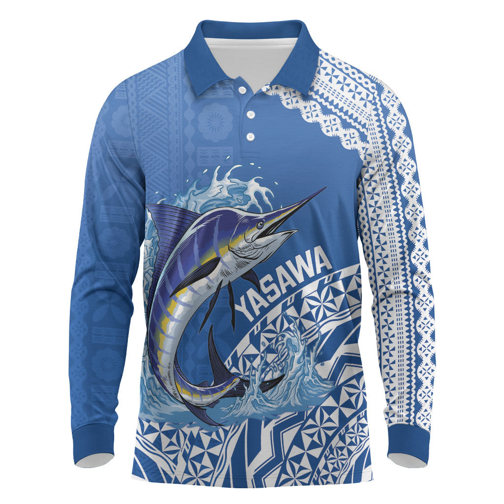 Yasawa Fiji 2026 Rugby Custom Long Sleeve Polo Shirt Marlin Fijian Tapa Pattern LT14 Blue - Polynesian Pride