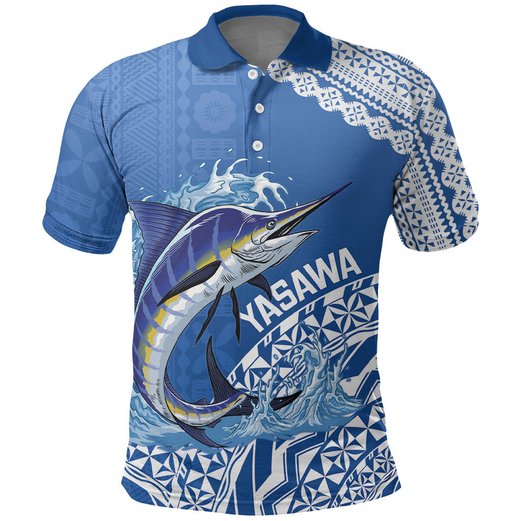 Yasawa Fiji 2026 Rugby Custom Polo Shirt Marlin Fijian Tapa Pattern LT14 Blue - Polynesian Pride