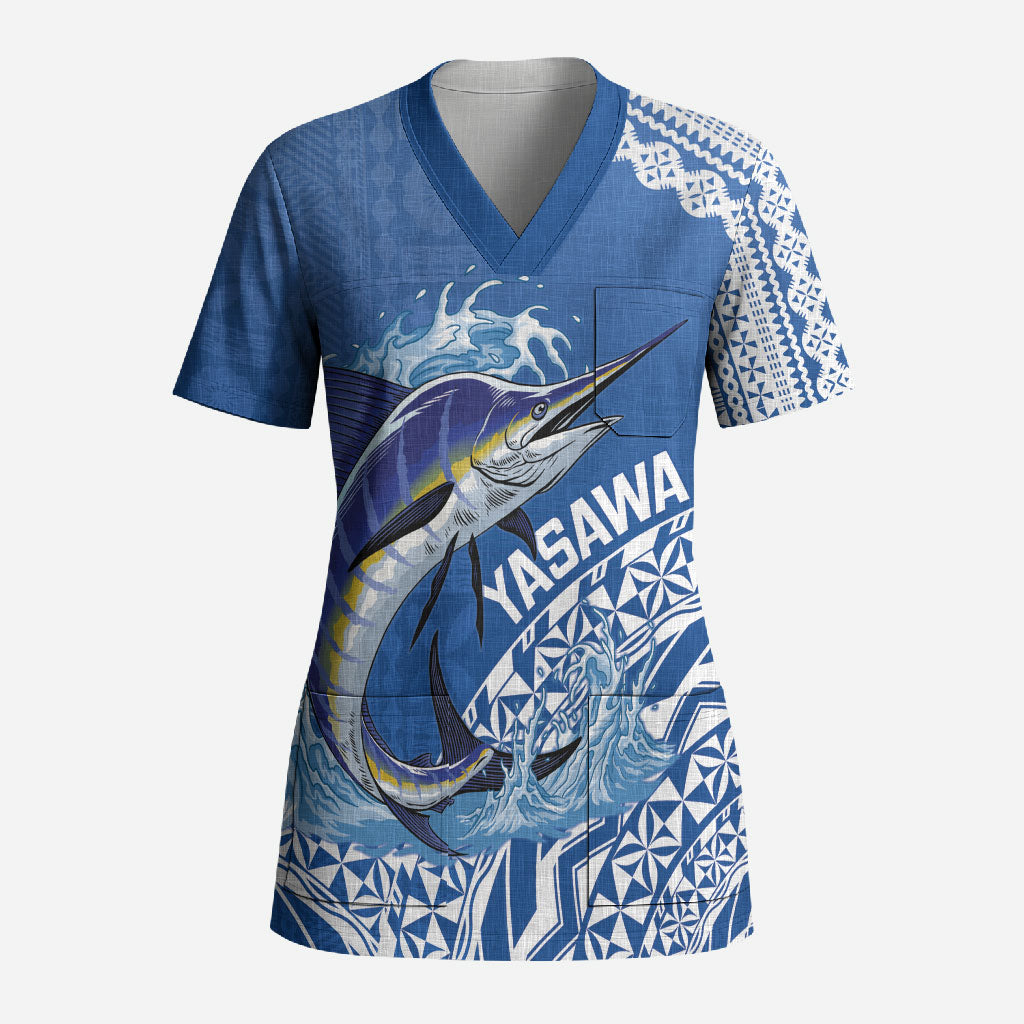 Yasawa Fiji 2026 Rugby Custom Scrub Top Marlin Fijian Tapa Pattern LT14 Adult Blue - Polynesian Pride