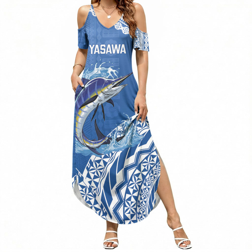 Yasawa Fiji 2026 Rugby Custom Summer Maxi Dress Marlin Fijian Tapa Pattern LT14 Women Blue - Polynesian Pride