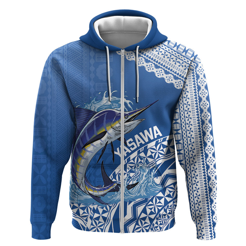 Yasawa Fiji 2026 Rugby Custom Zip Hoodie Marlin Fijian Tapa Pattern LT14 Zip Hoodie Blue - Polynesian Pride
