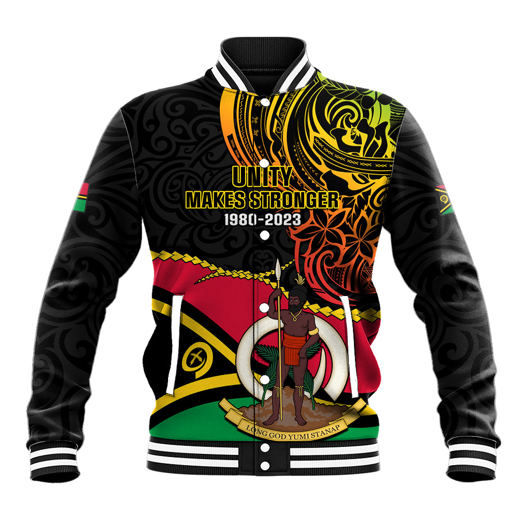 Personalised Vanuatu Unity Day Baseball Jacket 29 November Coat Of Arms With Flag Style LT14 Unisex Black - Polynesian Pride