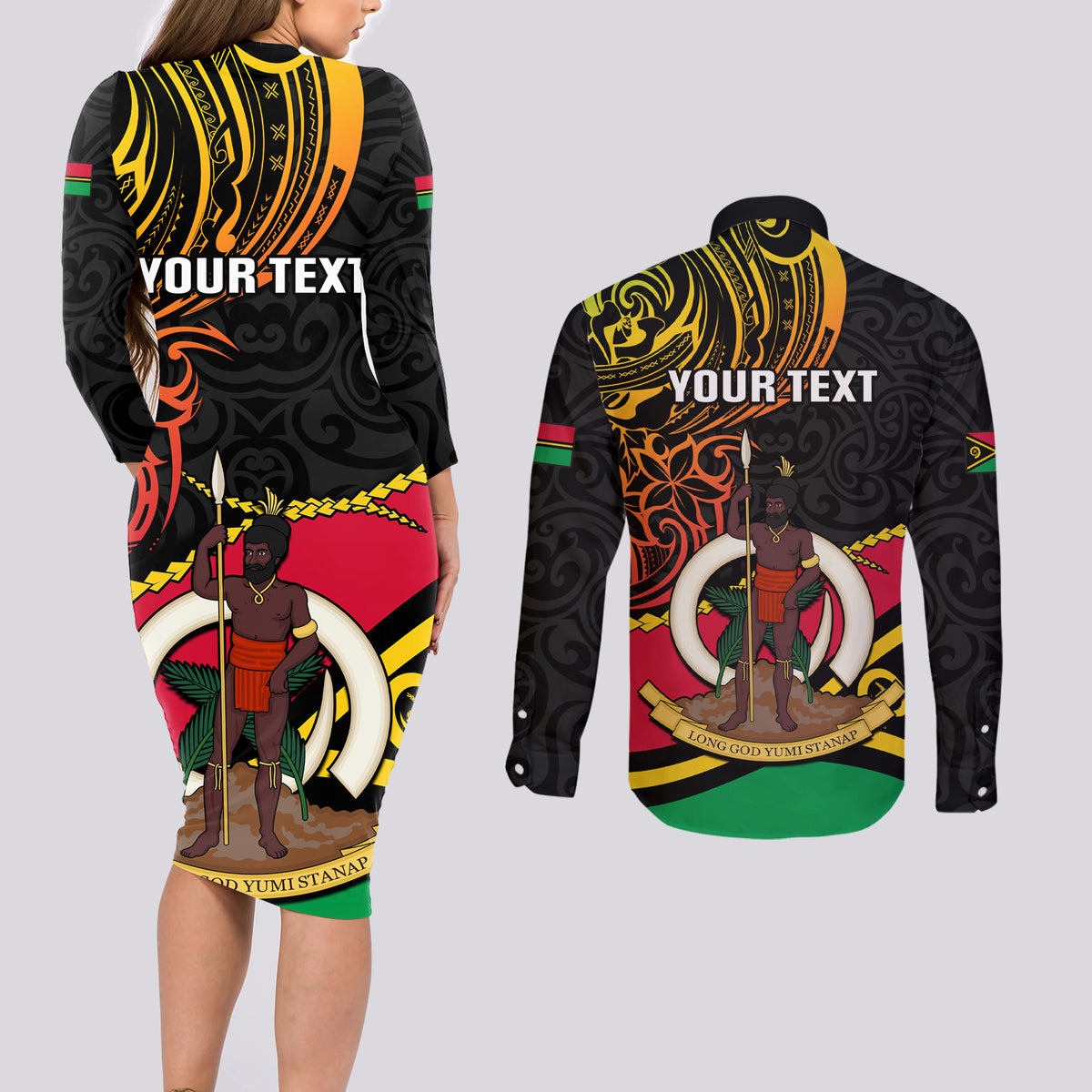 Personalised Vanuatu Unity Day Couples Matching Long Sleeve Bodycon Dress and Long Sleeve Button Shirt 29 November Coat Of Arms With Flag Style LT14 - Polynesian Pride