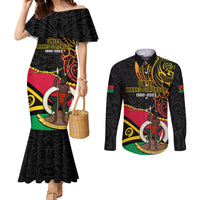 Personalised Vanuatu Unity Day Couples Matching Mermaid Dress and Long Sleeve Button Shirt 29 November Coat Of Arms With Flag Style LT14 Black - Polynesian Pride