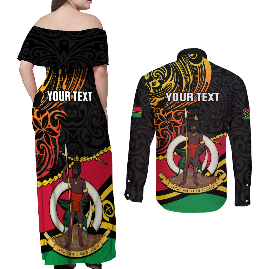 Personalised Vanuatu Unity Day Couples Matching Off Shoulder Maxi Dress and Long Sleeve Button Shirt 29 November Coat Of Arms With Flag Style LT14 - Polynesian Pride