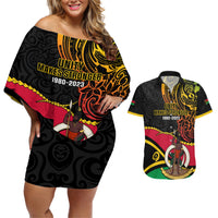 Personalised Vanuatu Unity Day Couples Matching Off Shoulder Short Dress and Hawaiian Shirt 29 November Coat Of Arms With Flag Style LT14 Black - Polynesian Pride