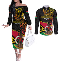 Personalised Vanuatu Unity Day Couples Matching Off The Shoulder Long Sleeve Dress and Long Sleeve Button Shirt 29 November Coat Of Arms With Flag Style LT14 Black - Polynesian Pride