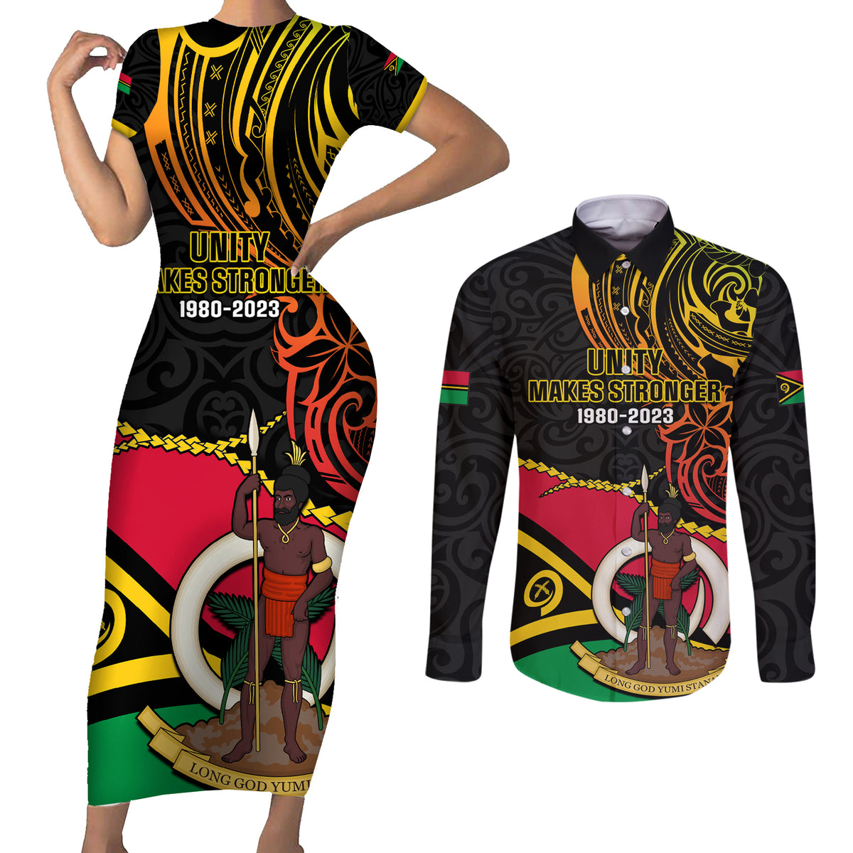 Personalised Vanuatu Unity Day Couples Matching Short Sleeve Bodycon Dress and Long Sleeve Button Shirt 29 November Coat Of Arms With Flag Style LT14 Black - Polynesian Pride
