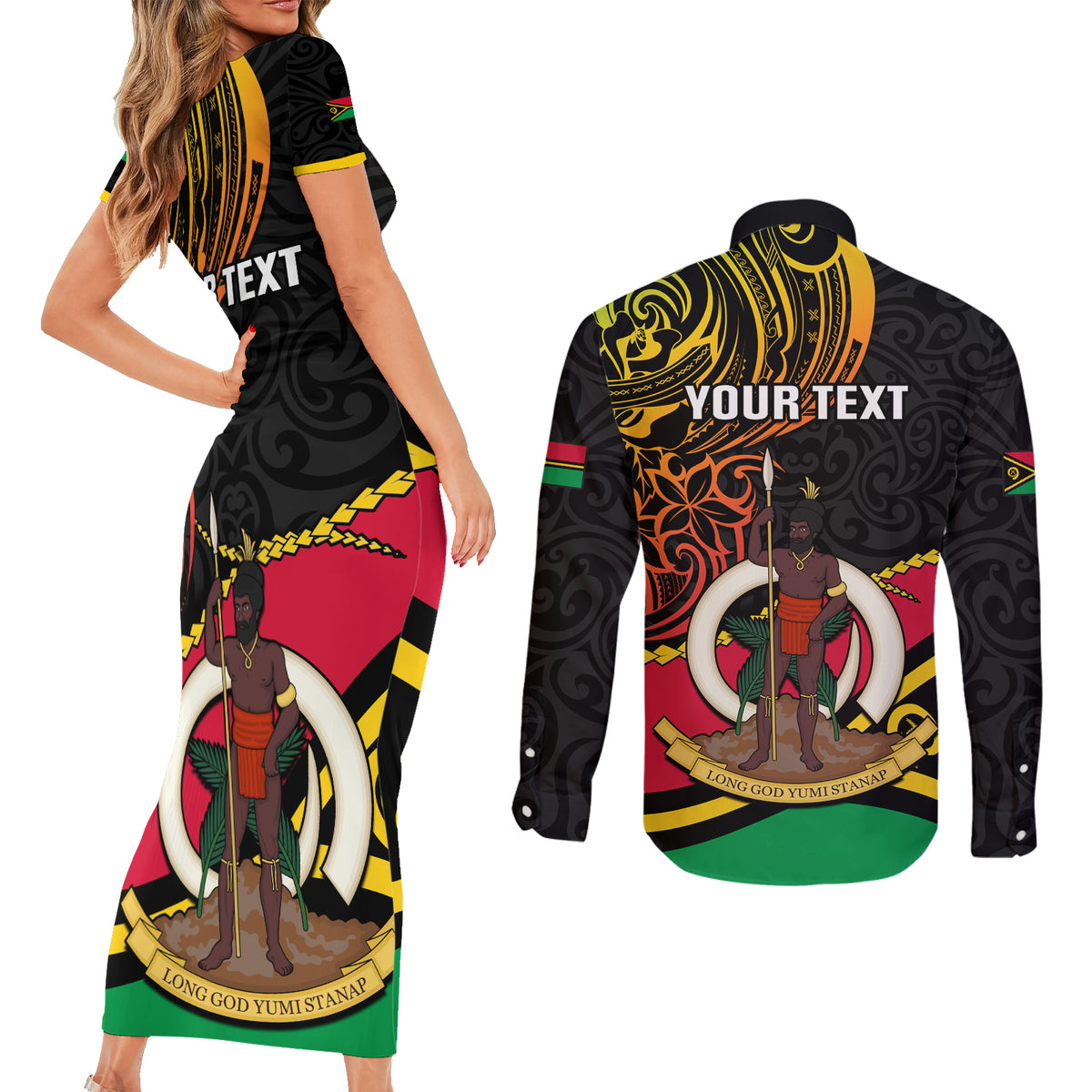 Personalised Vanuatu Unity Day Couples Matching Short Sleeve Bodycon Dress and Long Sleeve Button Shirt 29 November Coat Of Arms With Flag Style LT14 - Polynesian Pride