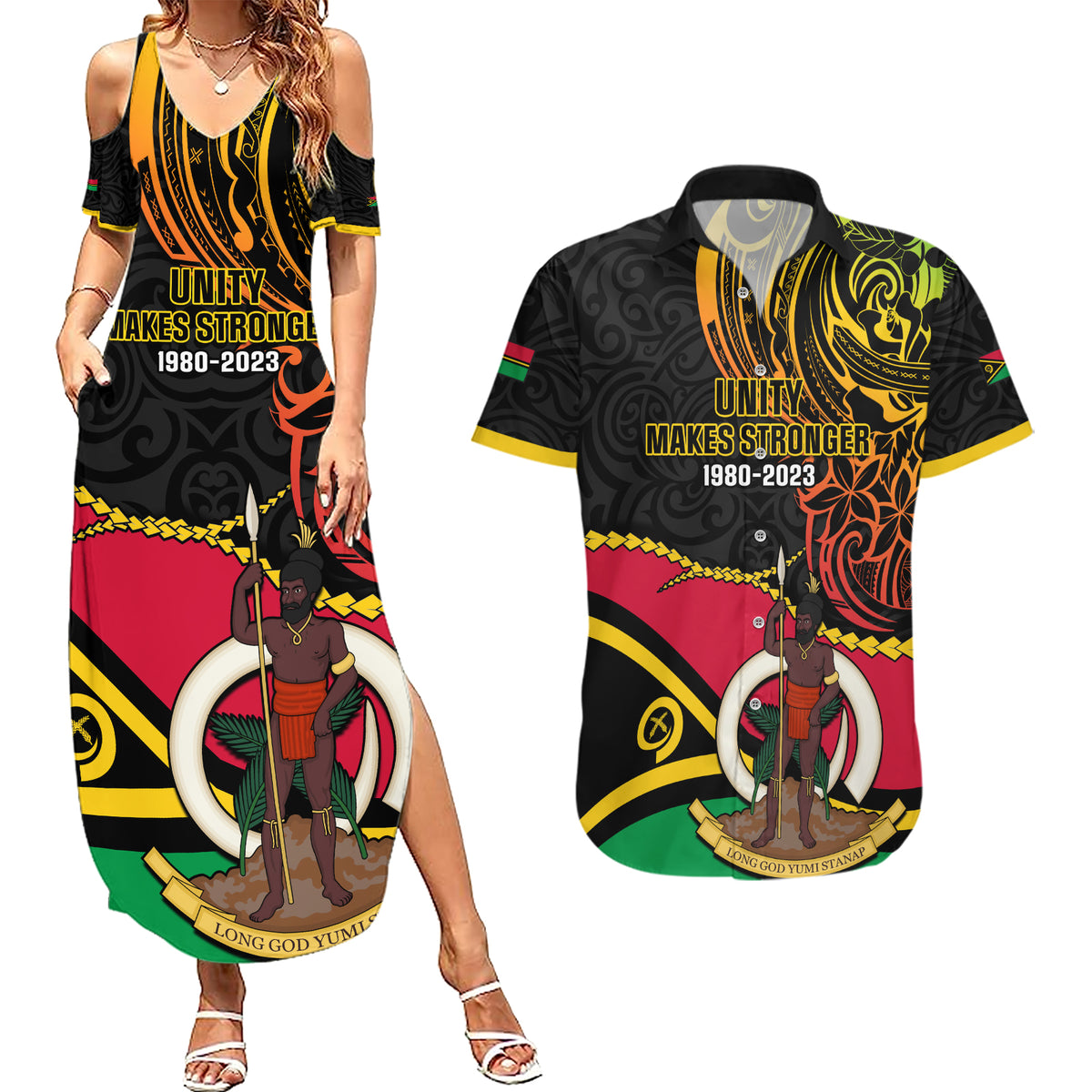 Personalised Vanuatu Unity Day Couples Matching Summer Maxi Dress and Hawaiian Shirt 29 November Coat Of Arms With Flag Style LT14 Black - Polynesian Pride
