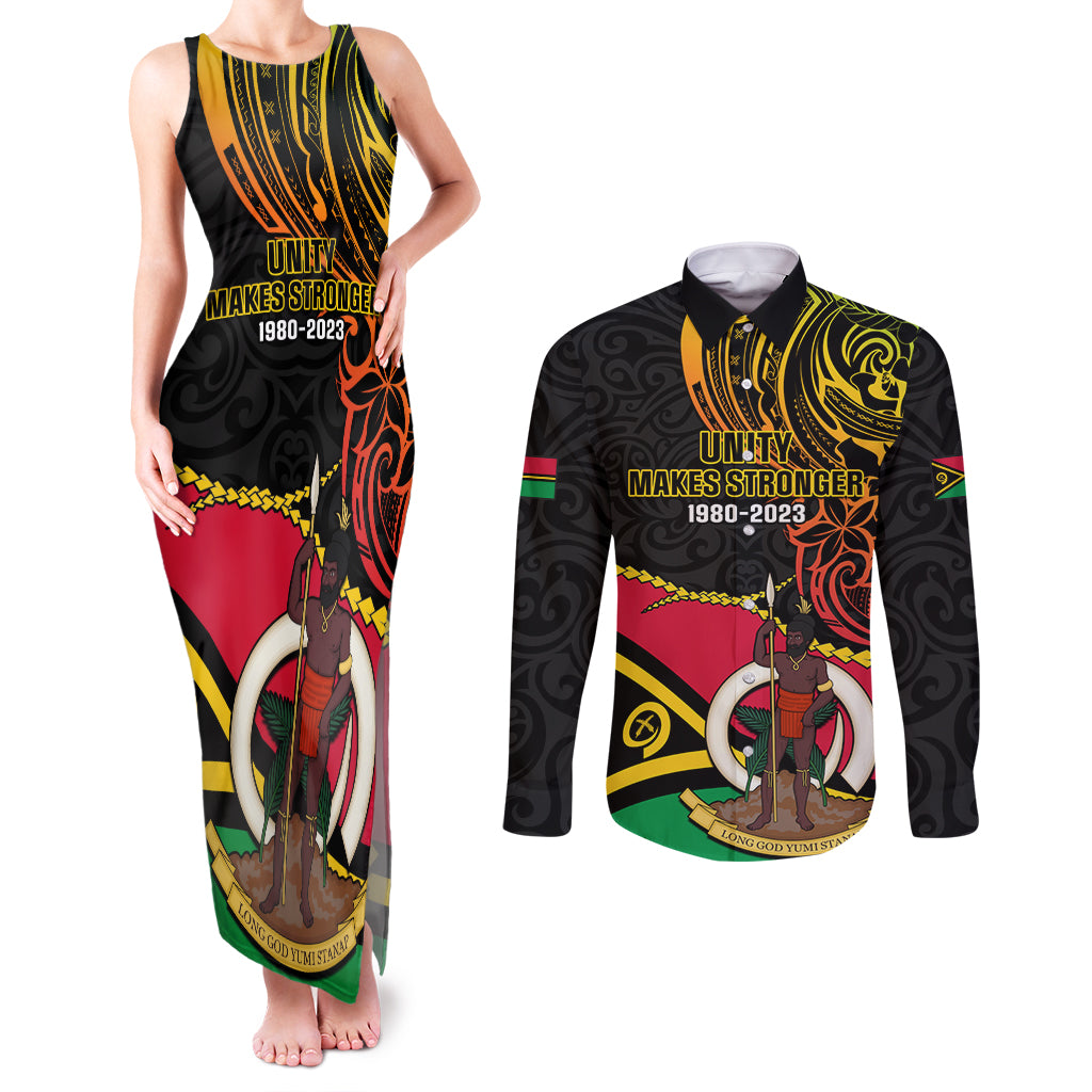 Personalised Vanuatu Unity Day Couples Matching Tank Maxi Dress and Long Sleeve Button Shirt 29 November Coat Of Arms With Flag Style LT14 Black - Polynesian Pride