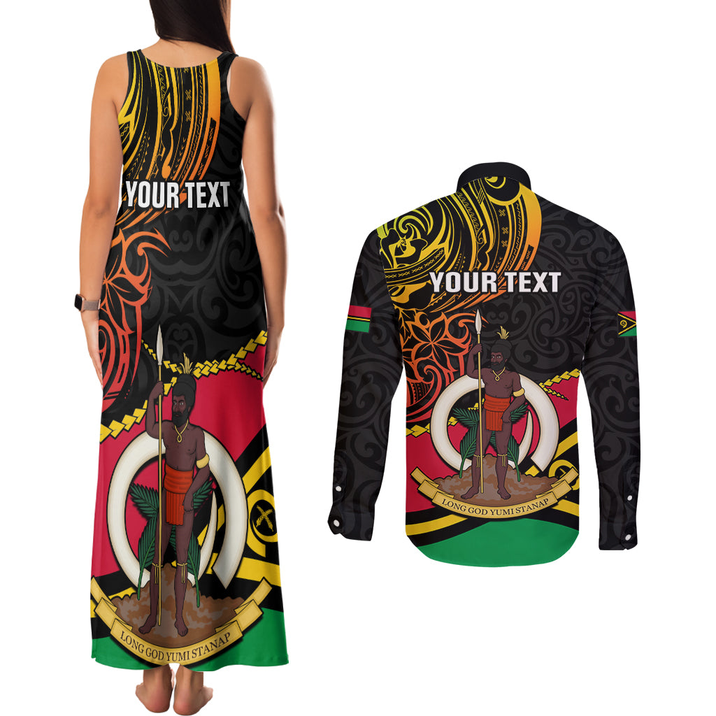 Personalised Vanuatu Unity Day Couples Matching Tank Maxi Dress and Long Sleeve Button Shirt 29 November Coat Of Arms With Flag Style LT14 - Polynesian Pride