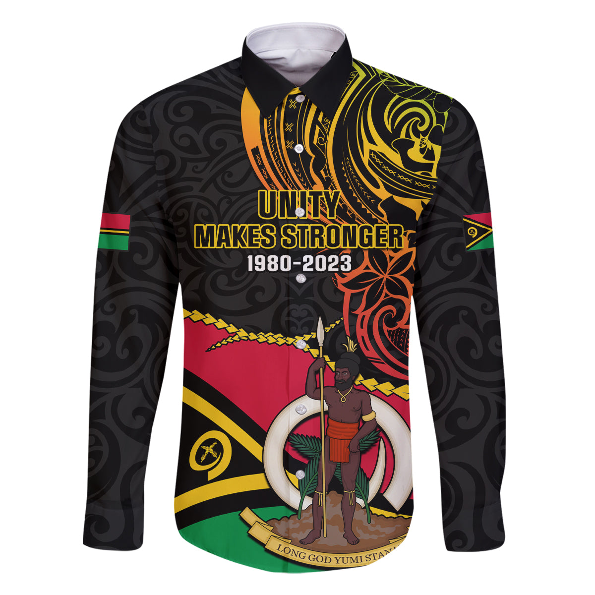Personalised Vanuatu Unity Day Family Matching Off Shoulder Maxi Dress and Hawaiian Shirt 29 November Coat Of Arms With Flag Style LT14 Dad's Shirt - Long Sleeve Black - Polynesian Pride