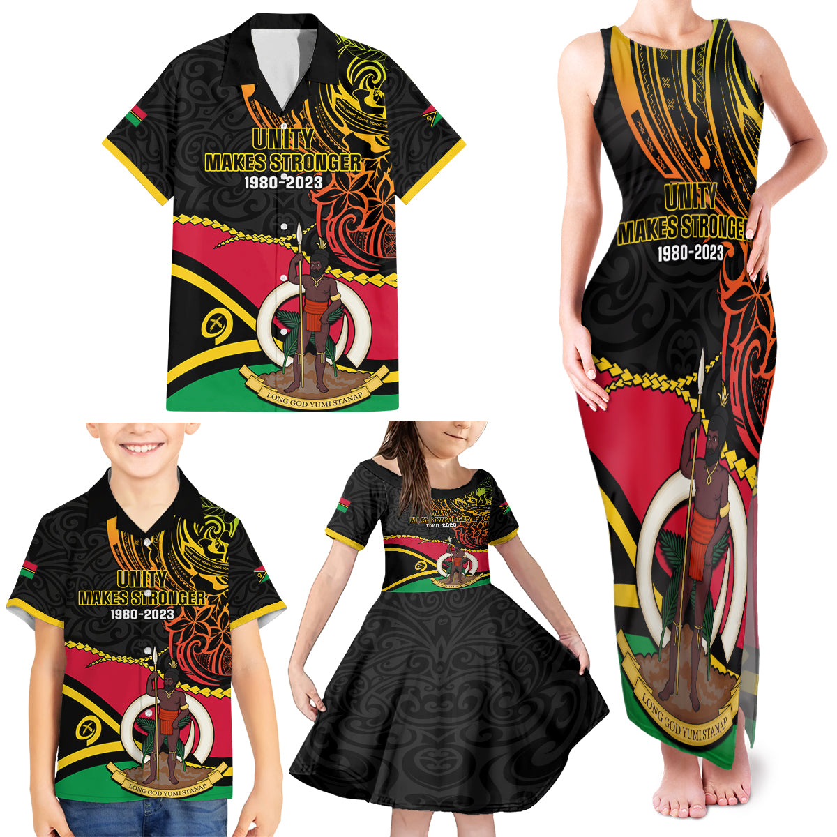 Personalised Vanuatu Unity Day Family Matching Tank Maxi Dress and Hawaiian Shirt 29 November Coat Of Arms With Flag Style LT14 - Polynesian Pride