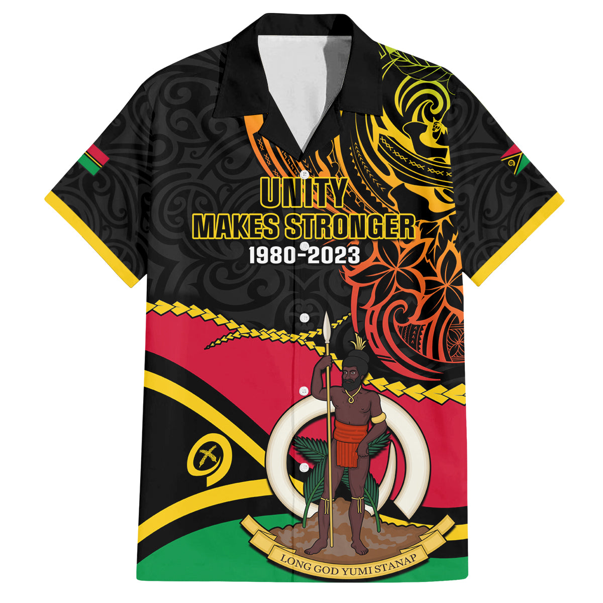 Personalised Vanuatu Unity Day Family Matching Tank Maxi Dress and Hawaiian Shirt 29 November Coat Of Arms With Flag Style LT14 Dad's Shirt - Short Sleeve Black - Polynesian Pride