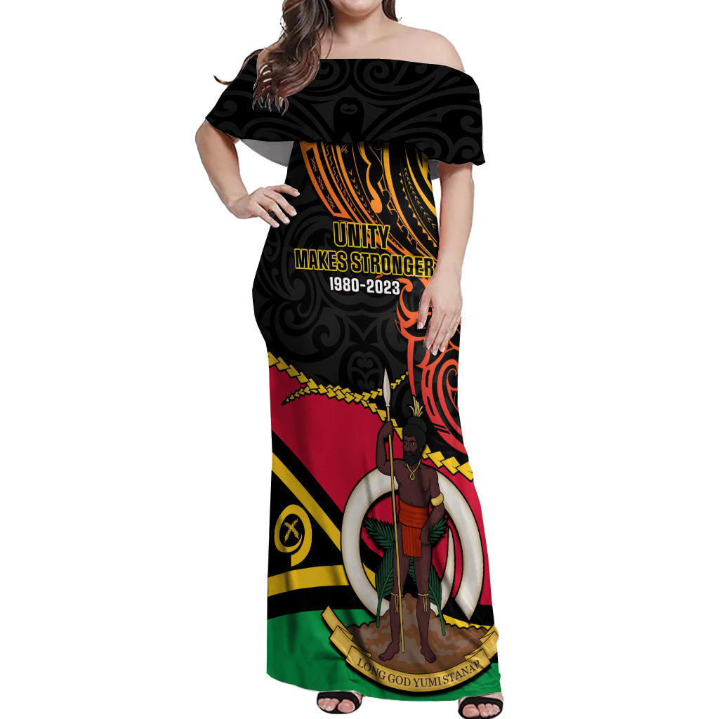 Personalised Vanuatu Unity Day Off Shoulder Maxi Dress 29 November Coat Of Arms With Flag Style LT14 Women Black - Polynesian Pride