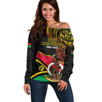 Personalised Vanuatu Unity Day Off Shoulder Sweater 29 November Coat Of Arms With Flag Style LT14 Women Black - Polynesian Pride