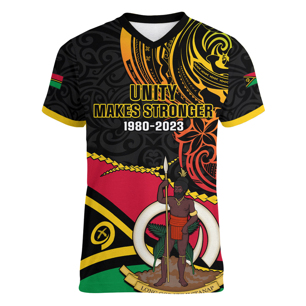 Personalised Vanuatu Unity Day Women V Neck T Shirt 29 November Coat Of Arms With Flag Style LT14 Female Black - Polynesian Pride