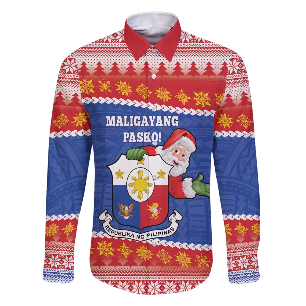 Personalized The Philippines Christmas Family Matching Off The Shoulder Long Sleeve Dress and Hawaiian Shirt Pilipinas Parol - Maligayang Pasko! LT14 Dad's Shirt - Long Sleeve Blue - Polynesian Pride