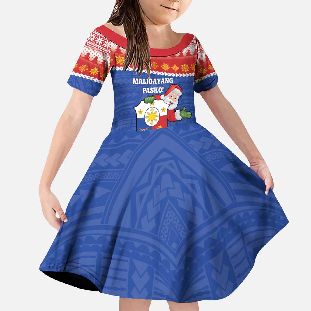 Personalized The Philippines Christmas Family Matching Short Sleeve Bodycon Dress and Hawaiian Shirt Pilipinas Parol - Maligayang Pasko! LT14 Daughter's Dress Blue - Polynesian Pride