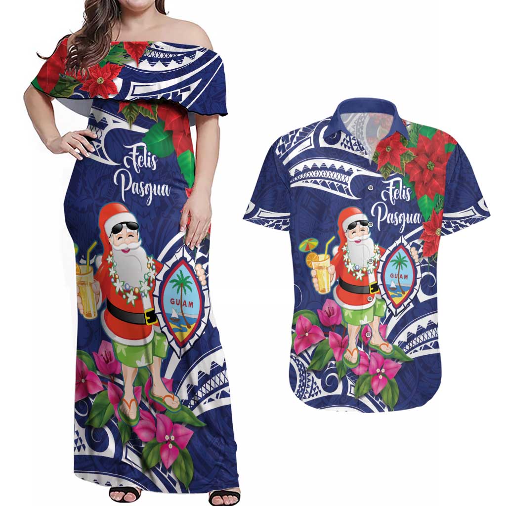 Guam Christmas Couples Matching Off Shoulder Maxi Dress and Hawaiian Shirt Poinsettia With Bougainvillea - Felis Pasgua! LT14 Blue - Polynesian Pride