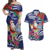 Guam Christmas Couples Matching Off Shoulder Maxi Dress and Hawaiian Shirt Poinsettia With Bougainvillea - Felis Pasgua! LT14 Blue - Polynesian Pride