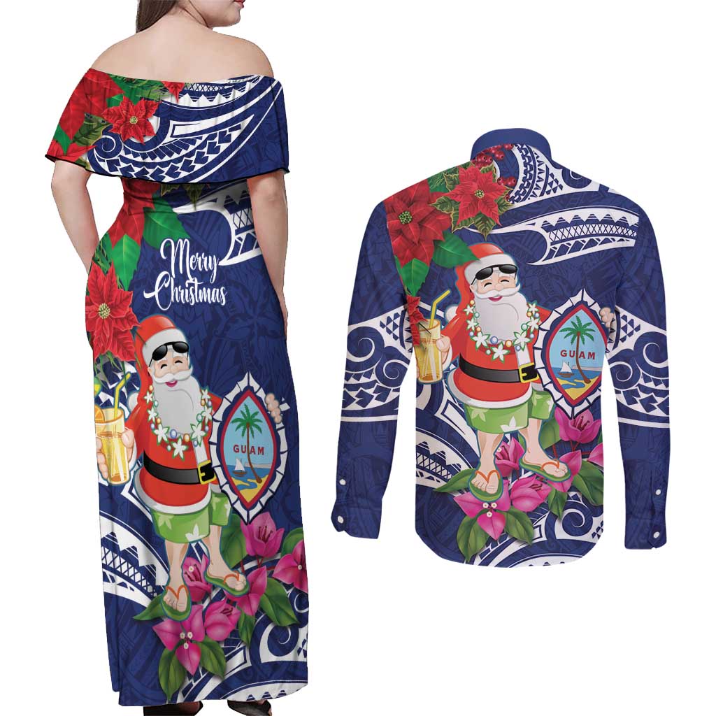 Guam Christmas Couples Matching Off Shoulder Maxi Dress and Long Sleeve Button Shirt Poinsettia With Bougainvillea - Felis Pasgua! LT14 - Polynesian Pride