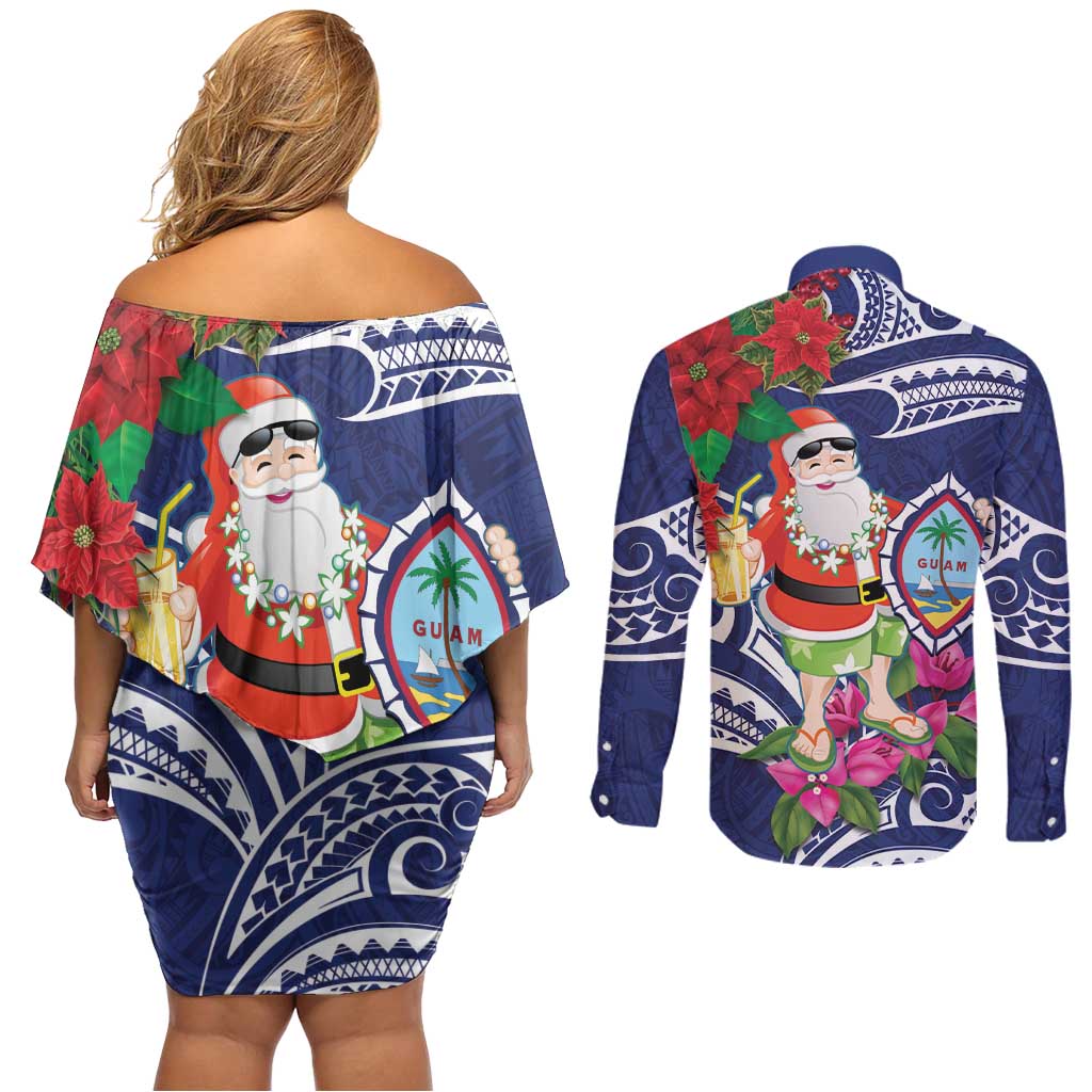 Guam Christmas Couples Matching Off Shoulder Short Dress and Long Sleeve Button Shirt Poinsettia With Bougainvillea - Felis Pasgua! LT14 - Polynesian Pride