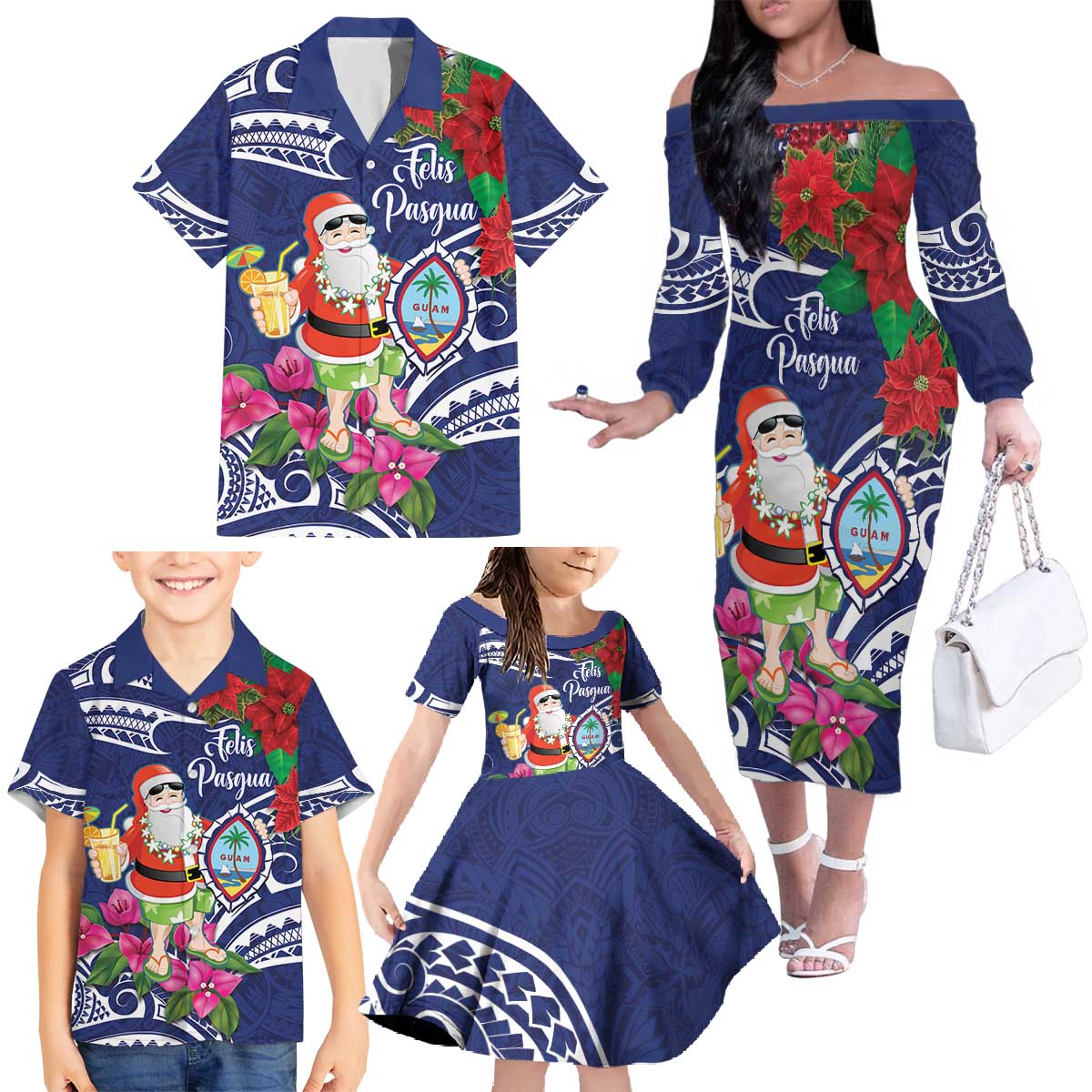 Guam Christmas Family Matching Off The Shoulder Long Sleeve Dress and Hawaiian Shirt Poinsettia With Bougainvillea - Felis Pasgua! LT14 - Polynesian Pride