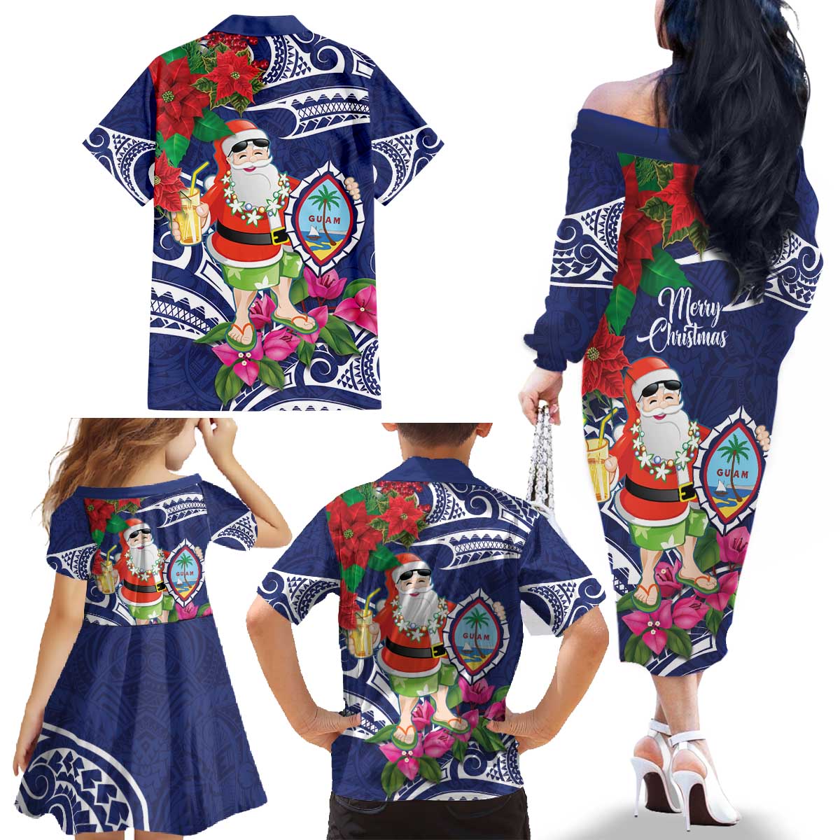 Guam Christmas Family Matching Off The Shoulder Long Sleeve Dress and Hawaiian Shirt Poinsettia With Bougainvillea - Felis Pasgua! LT14 - Polynesian Pride