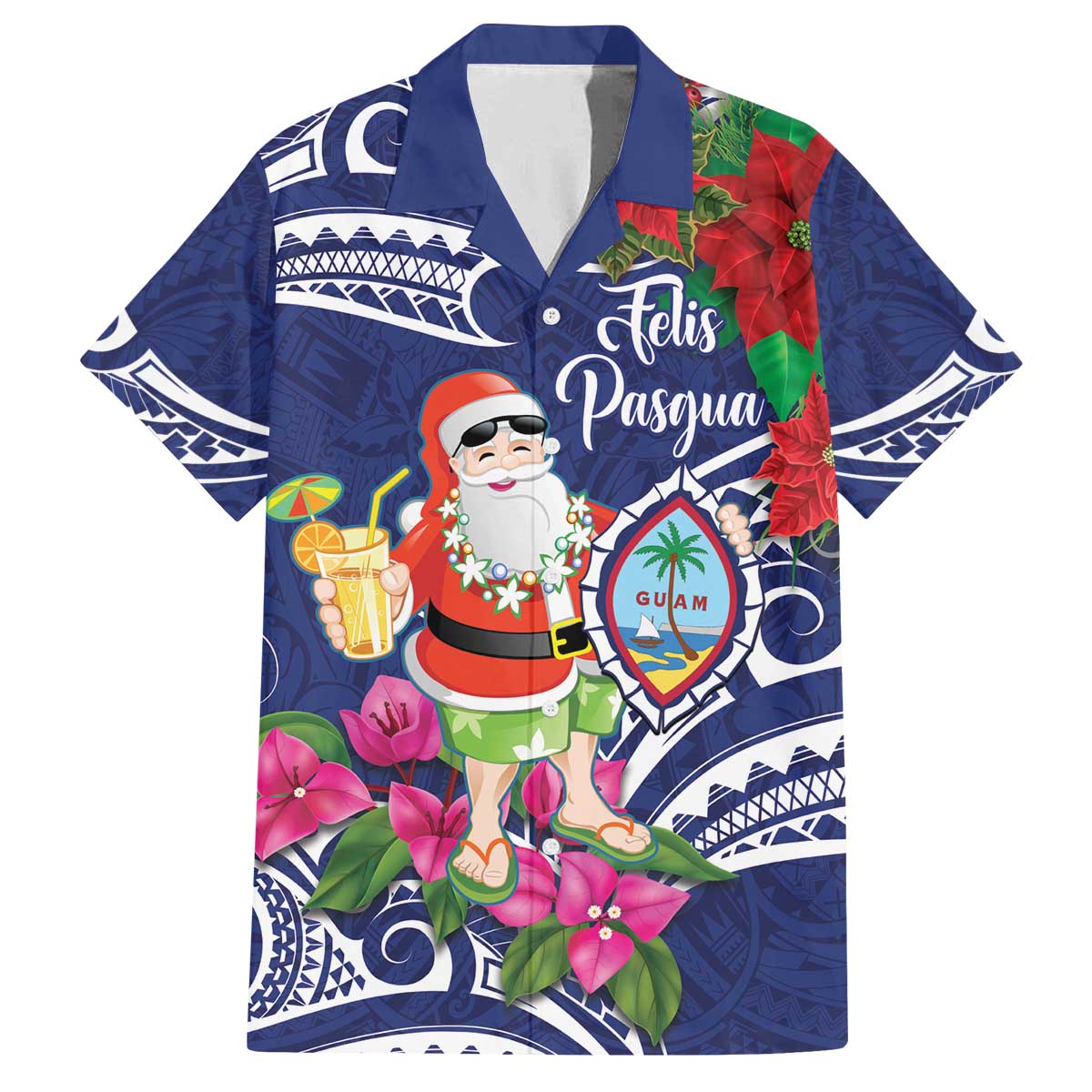 Guam Christmas Family Matching Off The Shoulder Long Sleeve Dress and Hawaiian Shirt Poinsettia With Bougainvillea - Felis Pasgua! LT14 Dad's Shirt - Short Sleeve Blue - Polynesian Pride