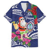 Guam Christmas Family Matching Off The Shoulder Long Sleeve Dress and Hawaiian Shirt Poinsettia With Bougainvillea - Felis Pasgua! LT14 Dad's Shirt - Short Sleeve Blue - Polynesian Pride