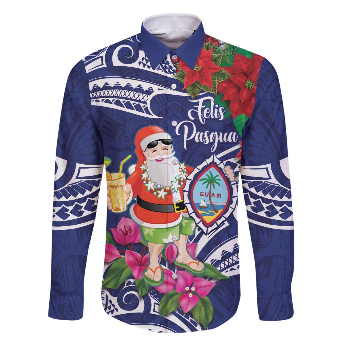 Guam Christmas Family Matching Off The Shoulder Long Sleeve Dress and Hawaiian Shirt Poinsettia With Bougainvillea - Felis Pasgua! LT14 Dad's Shirt - Long Sleeve Blue - Polynesian Pride