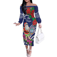 Guam Christmas Family Matching Off The Shoulder Long Sleeve Dress and Hawaiian Shirt Poinsettia With Bougainvillea - Felis Pasgua! LT14 Mom's Dress Blue - Polynesian Pride